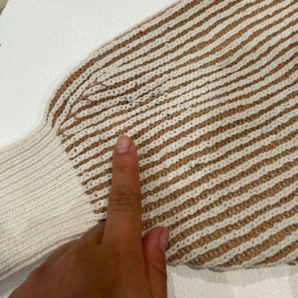Aerie Striped Knit Sweater Size Small Brown Cream Balloon Sleeve Cozy Fall Top - Picture 4 of 6